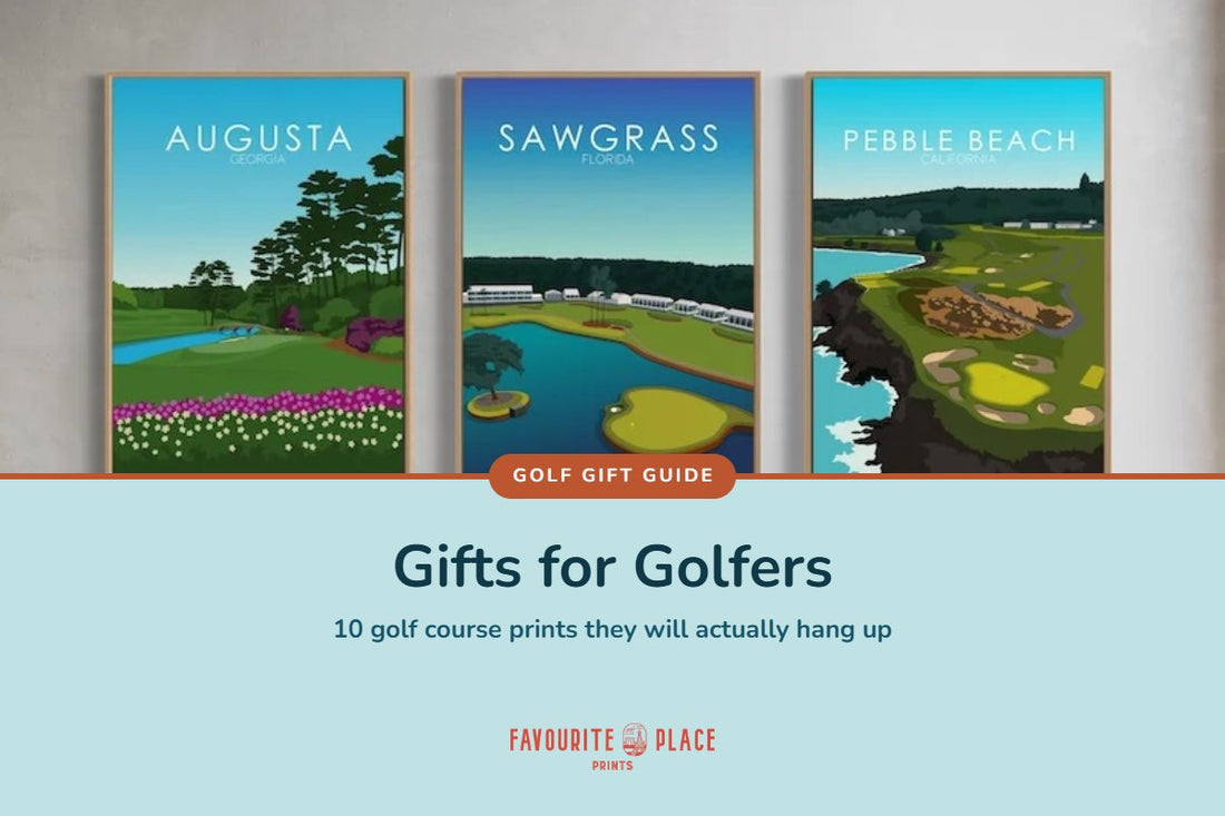 Golf course prints of Augusta, Sawgrass and Pebble Beach hanging in a living room, gifts for golfers