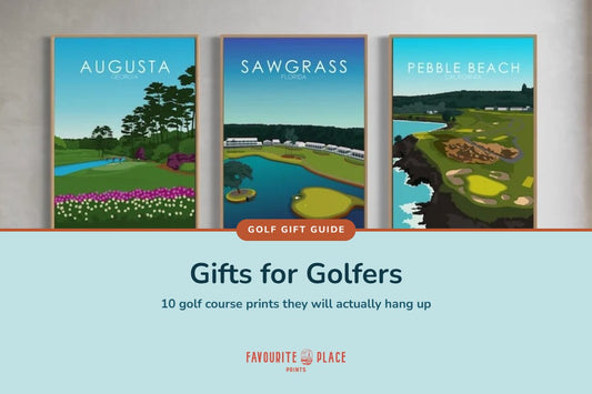 Golf course prints of Augusta, Sawgrass and Pebble Beach hanging in a living room, gifts for golfers