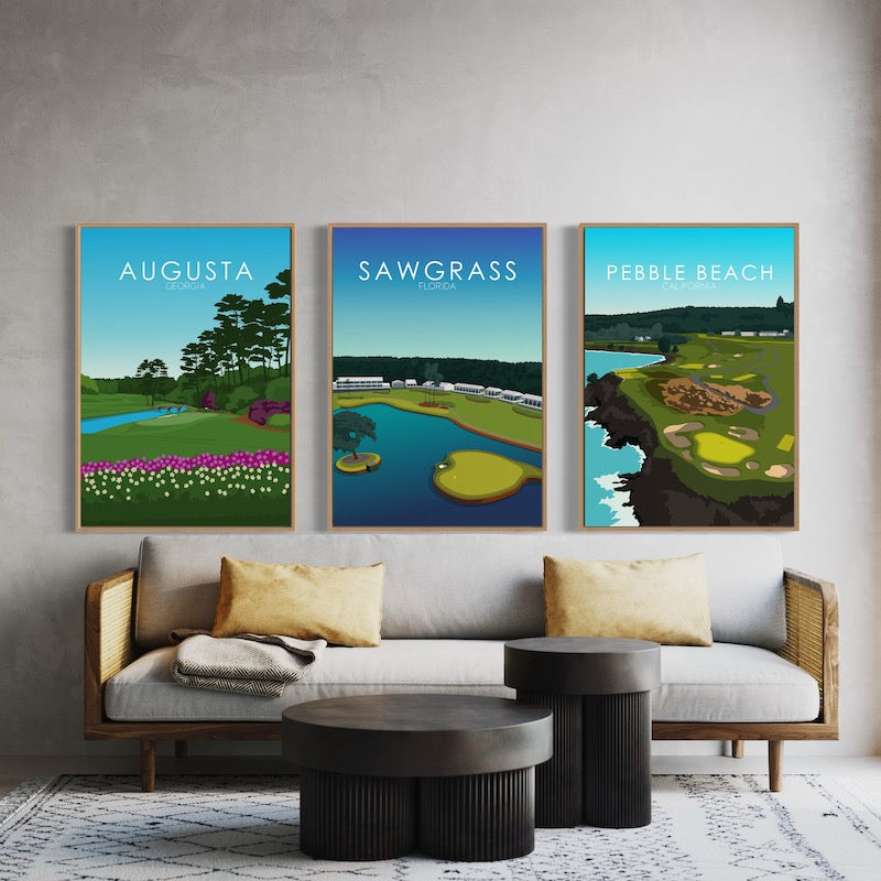 Golf course prints of Augusta, Sawgrass and Pebble Beach hanging in a living room